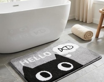Hello Cat Bath Mat: Soft, Absorbent, Non-Slip Bathroom Rug – Modern Grey Decor