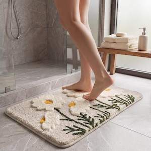 Alfombra de baño Boho con diseño de margaritas, alfombra de baño con textura, alfombra de baño de felpa lavable, decoración floral para el baño, alfombra suave para el suelo del baño, alfombra estilo cottagecore