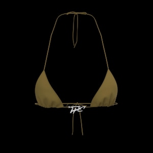 May include: Olive green bikini top with halter neck ties and a tie closure at the front. The bikini top has a triangular shape and is made of a smooth fabric. The text "TPE" is printed in white on the front.