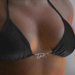 Conjunto de bikini negro TPC Y2K - Detalles/herrajes plateados, traje de baño de micro tanga ajustable hecho a mano