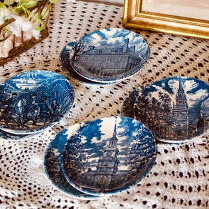 Vintage Liberty Blue Mini Plates Set of 8, Historic Colonial Scenes, Blue Transferware Coasters, Staffordshire England Americana Collectible
