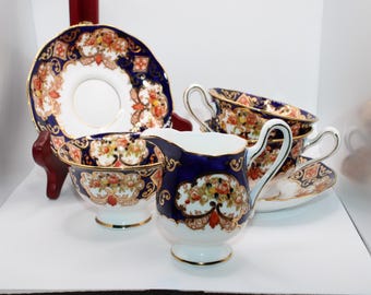 Juego de té Royal Albert Derby azul cobalto dorado, tazas, platillos, lechera y azucarero, Inglaterra, porcelana fina