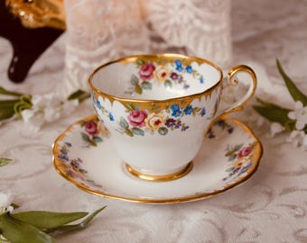 Vintage Royal Standard Teacup and Saucer Pink Yellow Roses Bone China England Footed Tea Cup