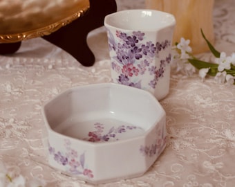 Juego de tocador floral vintage con bandeja para joyas y portavelas, decoración en rosa y morado, regalo Irice