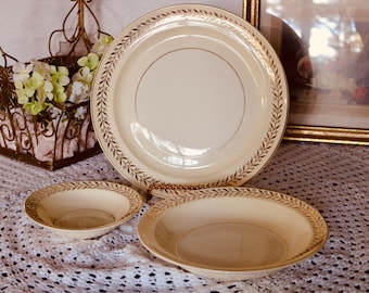 Vintage Taylor Smith & Taylor Gold Trim Dinnerware Set 3 Pc Place Setting Plate Bowls USA 1940s