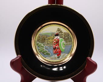 Conjunto de 5 pratos vintage Art of Chokin, pratos japoneses de colecionador, decoração com borda em ouro 24 quilates, decoração de parede com cena asiática.