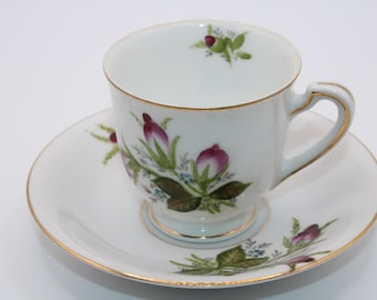 Taza de espresso y platillo estilo vintage del Japón ocupado, de porcelana Ohata China con estampado floral rosa.
