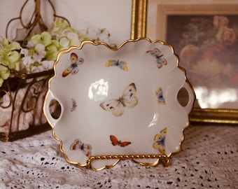 Vintage Jacques Pergay Limoges Porzellanschale mit Schmetterlingsmotiv, französische Schmuckschale mit Henkel und Goldrand