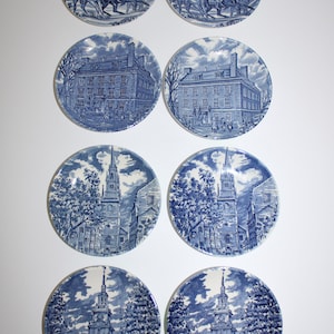 Vintage Liberty Blue Mini Plates Set of 8, Historic Colonial Scenes, Blue Transferware Coasters, Staffordshire England Americana Collectible