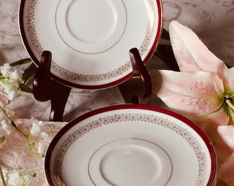 Vintage Castle Court Elegante Saucers Set of 7 Burgundy Gold Trim Porcelain Japan Replacement