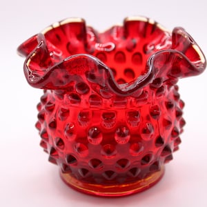 Vintage Fenton Red Hobnail Glass Vase Small Ruffled Rim Ruby Red USA 1960s 1970s CollectibleA