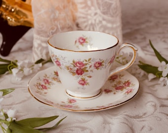 Taza y platillo vintage Duchess June Bouquet con rosas rosadas, de porcelana fina inglesa.