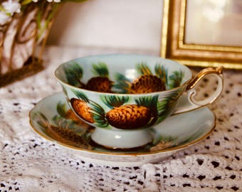 Vintage Norcrest Pine Cone & Needle Teacup and Saucer, Blue and Gold Japanese Porcelain Tea Cup Set, Pattern 3/566