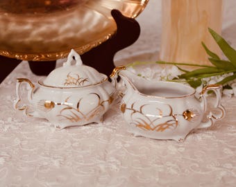 Vintage Lefton Golden Wheat Sugar and Creamer Set Gold Trim Floral Creamer Sugar Bowl Set