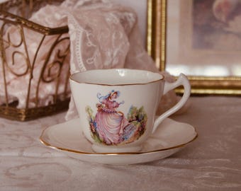 Vintage Pinkie Bone China Teacup and Saucer, Crinoline Lady Tea Cup, Longton England, Pink Dress, Gold Trim, 1950s