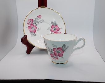 Vintage English Castle Teacup Saucer Pink Floral Gold Trim Bone China Staffordshire England Cottagecore Tea Cup
