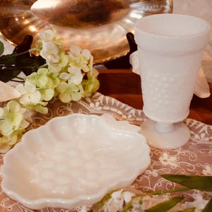 Vintage Milk Glass Grape Pattern Goblet and Dish Set White Glass Pedestal Cup Cottage Decor