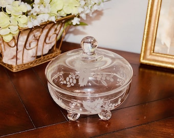 Vintage Pasabahce Leaves & Grapes Lidded Glass Candy Dish, Footed Etched Glass Candy Bowl, Made in Turkey