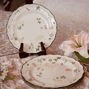 May include: White ceramic plates with a scalloped edge and a floral design featuring pink and green accents. One plate is displayed on a dark brown stand, while others are stacked. A pink lily and greenery are in the background.
