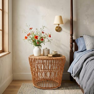 May include: A round, woven wicker side table with a vase of red flowers, a small lidded container, and a teacup. The table is next to a bed with blue and gray bedding. A wall sconce with a beige shade is mounted on the wall.