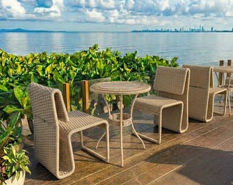 Handwoven Rattan Dining Table, Round Wicker Top, Coastal Boho Furniture