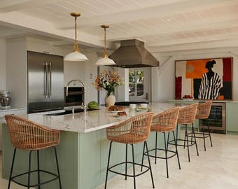 Rattan Bar Stool with Back, Wicker High Chair Open Weave, Natural Boho Kitchen Stool