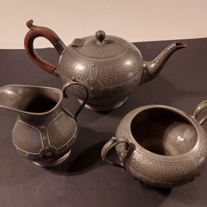 Antique English Pewter hammered tea set, vintage tea set