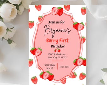 Berry First Birthday Fully Editable Digital Canva Invitation Template