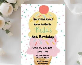 Ice Cream Scoop Digital Birthday Party Canva Editable Invitation