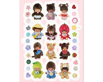 Monchhichi Sticker Sheet, Kawaii Retro Monkey Stickers, Cute Kiss-Cut Sticker Pack, Pastel Aesthetic Decals, Nostalgic Sticker Set