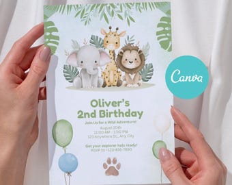 Editable Kids Birthday Invitation, Second Birthday Boy Girl, Safari Animal Themed Child Celebration Invite