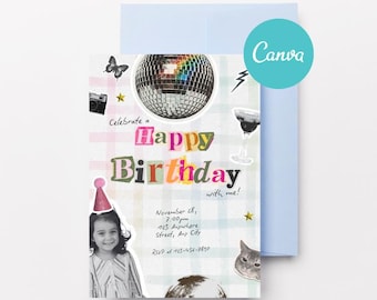 Editable Kids Birthday Invitation, Newspaper Collage Birthday Girl, Gender Neutral Themed Child Celebration Invite