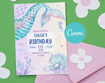 Editable Pink Mermaid Birthday Invitation, Sea Themed Kids Party Invite (Digital Download)