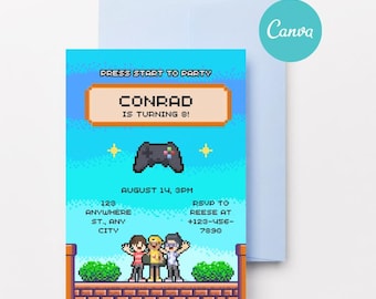 Editable Kids Birthday Invitation, Pixel Gaming Birthday Boy, Xbox Playstation Themed Child Celebration Invite