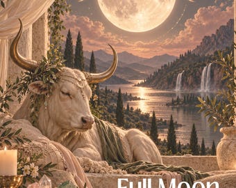 May include: A white bull with large horns adorned with greenery and jewellery rests on a stone terrace. In the background, a full moon shines over a lake and mountains. The text reads Full Moon in Taurus October 2026, with candles and crystals in the foreground.