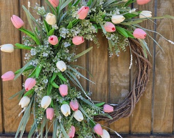 Real Touch Tulip Wreath, Spring Door Decor, Natural Grapevine, All Seasons Wreath
