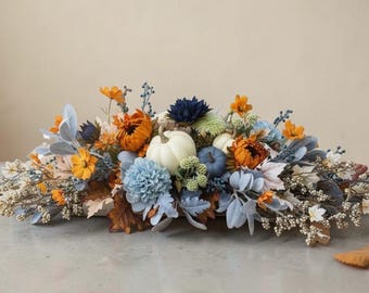 Handcrafted Fall Centerpiece, Blue Orange Pumpkins, Faux Floral Arrangement, Autumn Table Decor