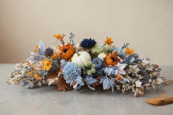 Handcrafted Fall Centerpiece, Blue Orange Pumpkins, Faux Floral Arrangement, Autumn Table Decor