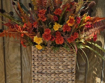 Fall Floral Basket Wreath, Autumn Porch Decor, Woven Arrangement