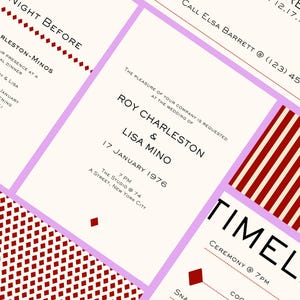 May include: Wedding invitation suite with a cream background and geometric designs in burgundy and light purple. The text includes the names Roy Charleston & Lisa Mino, the date January 17, 1976, and the time and location of the ceremony.