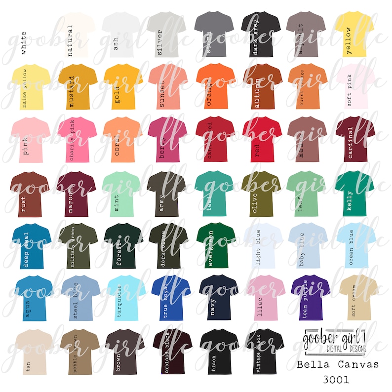Download Bella Canvas 3001 T-shirt Color Chart Digital Download PNG | Etsy