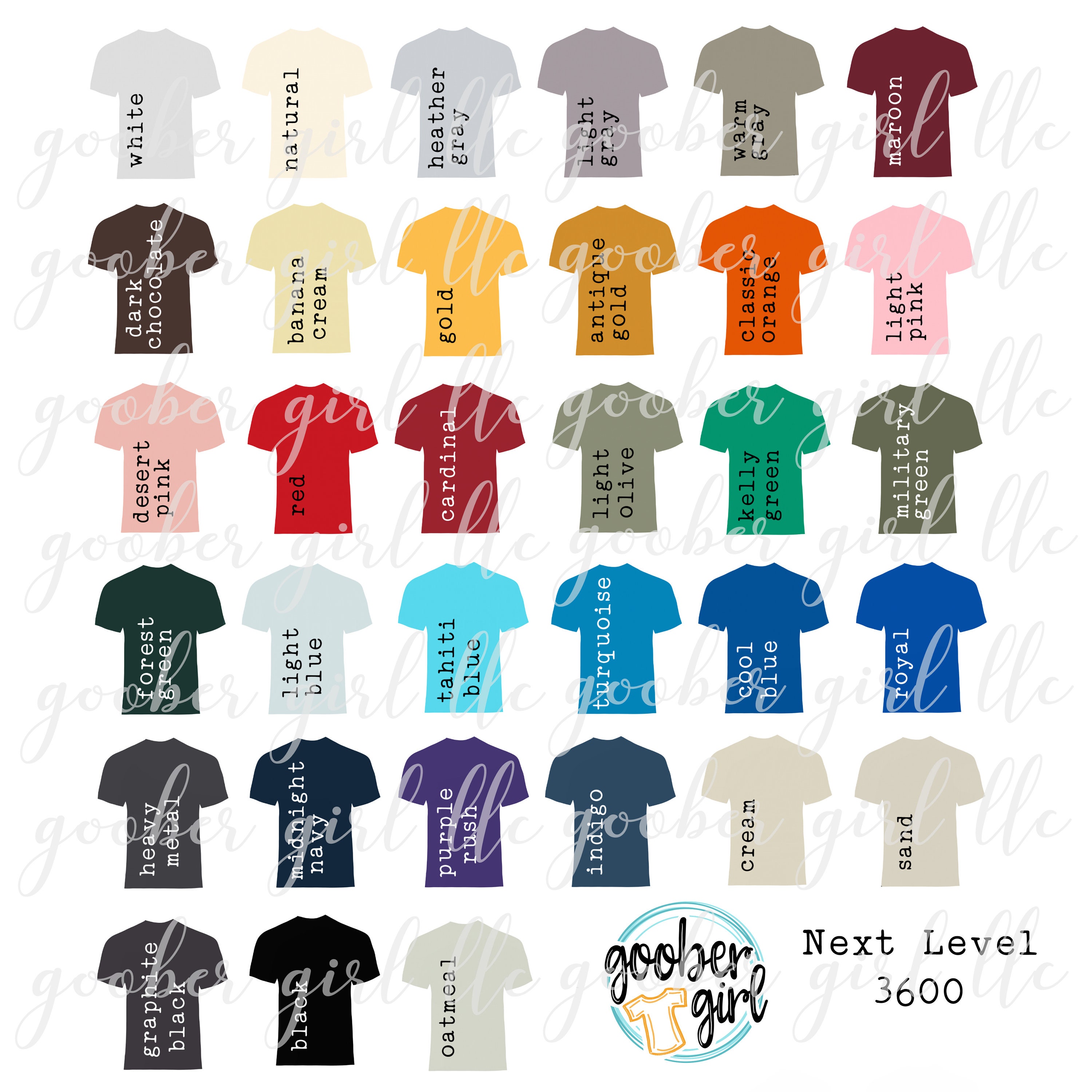 Digital Design, Next Level 3600 T-shirt Color Chart, Digital Download ...