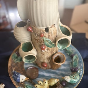 Rare centerpiece for table top water fountain with birds tree trunk with bowls this is made with pottery. Water pump is not included