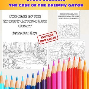 May include: A digital coloring book titled "Kids Digital Bible Story Coloring: The Case of the Grumpy Gator." The image features line art illustrations of an alligator and a swamp scene, along with a set of colorful pencils.