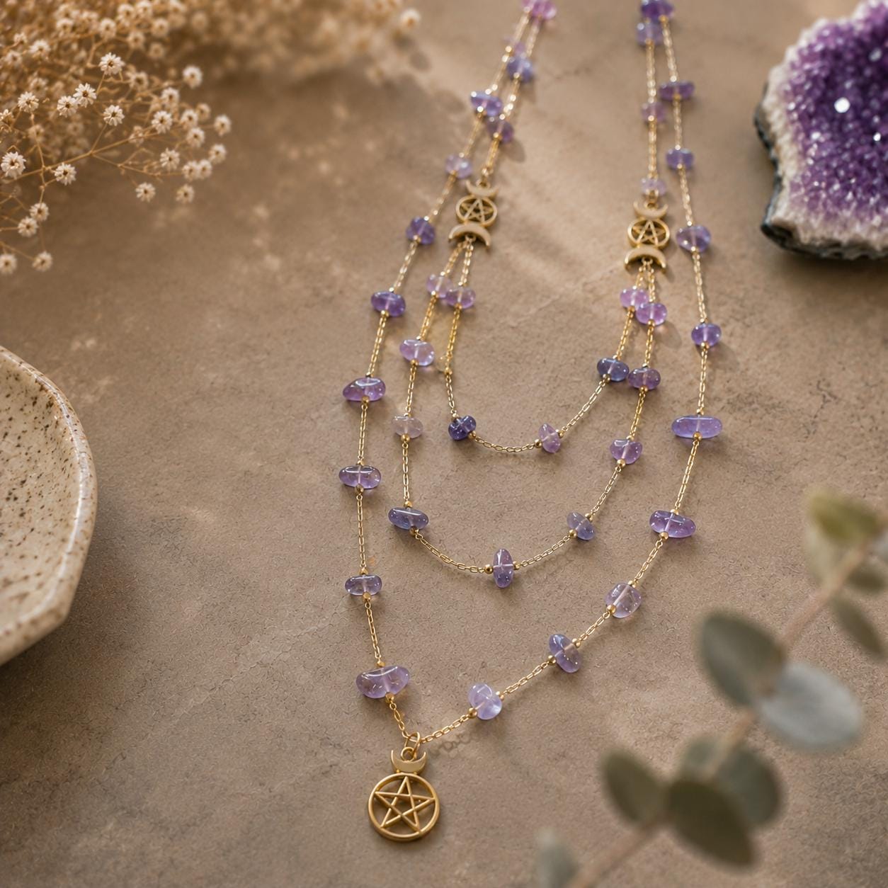 Amethyst Necklace, Layered Crystal Necklace, Three Strand Gemstone…