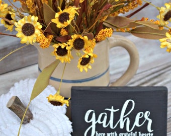 Gather Sign, Small Sign, Tiered Tray Sign, Gather Here With Grateful Hearts, Mini Shelf Setter, Thanksgiving and Fall Decor, Tiny Wood Sign