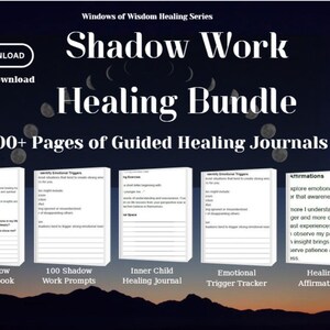 May include: A digital download bundle titled "Shadow Work Healing Bundle" with over 200 pages of guided healing journals. The image features five workbooks, including a Deep Shadow Work Workbook and Healing Affirmations, with a dark blue background.