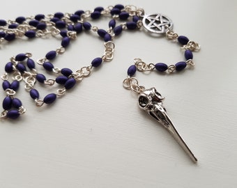 Purple goth rosary with hummingbird skull pentagram