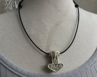 Creamy white Thor's hammer Mjolnir stoneware black leather necklace - Nordic Viking necklace - Hammer Scandinavian pendant Norse jewelry