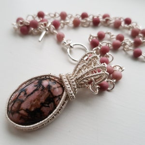 Rhodonite stone pendant wire wrapped necklace